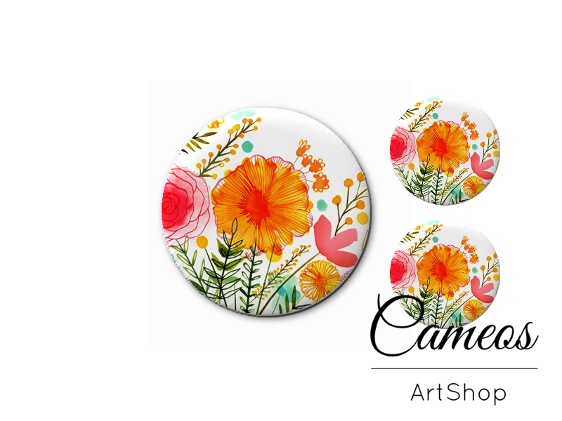 Glass cabochon set 1x25mm and 2x12mm or 1x20mm and 2x10mm, Flowers- S1349 - Cameos Art Shop