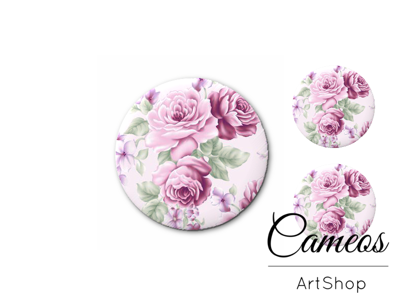 Glass cabochon set 1x25mm and 2x12mm or 1x20mm and 2x10mm, Purple Roses- S1351 - Cameos Art Shop