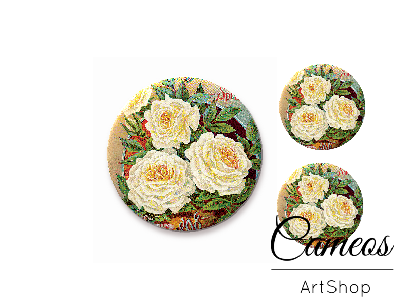 Glass cabochon set 1x25mm and 2x12mm or 1x20mm and 2x10mm, Flowers- S1359 - Cameos Art Shop
