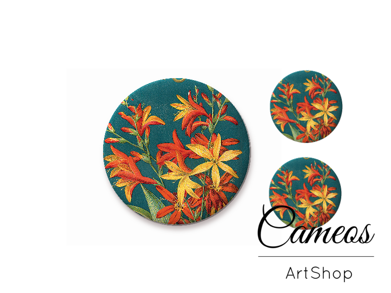 Glass cabochon set 1x25mm and 2x12mm or 1x20mm and 2x10mm, Flowers- S1365 - Cameos Art Shop