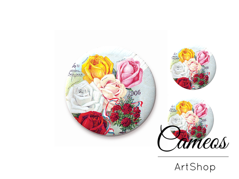 Glass cabochon set 1x25mm and 2x12mm or 1x20mm and 2x10mm, Flowers- S1366 - Cameos Art Shop