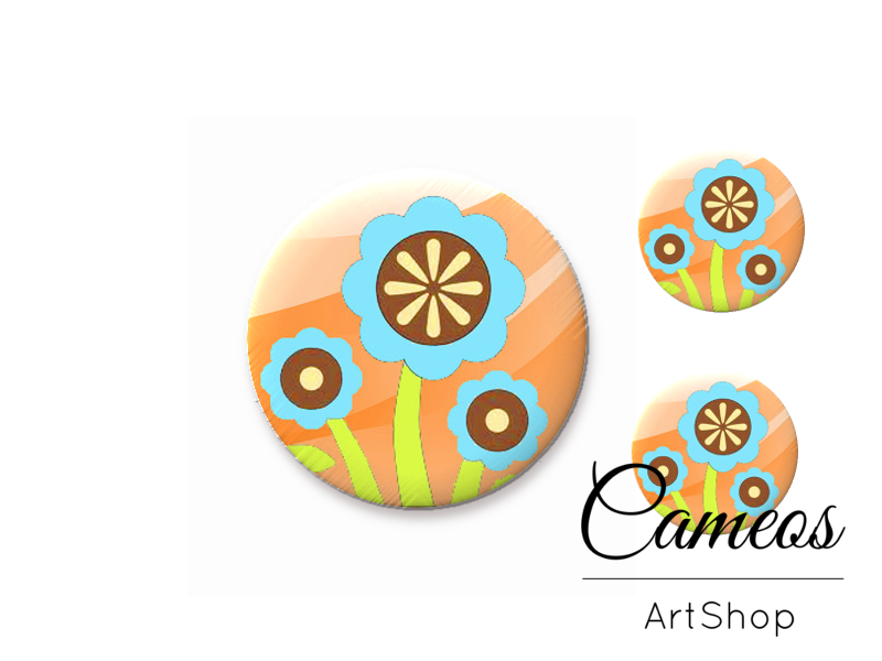 Glass cabochon set 1x25mm and 2x12mm or 1x20mm and 2x10mm, Orange Floral- S1409 - Cameos Art Shop