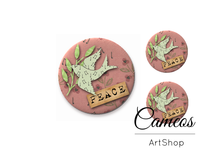 Glass cabochon set 1x25mm and 2x12mm or 1x20mm and 2x10mm, Peace- S1412 - Cameos Art Shop