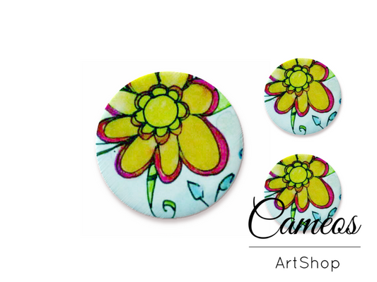 Glass cabochon set 1x25mm and 2x12mm or 1x20mm and 2x10mm, Flowers- S1424 - Cameos Art Shop