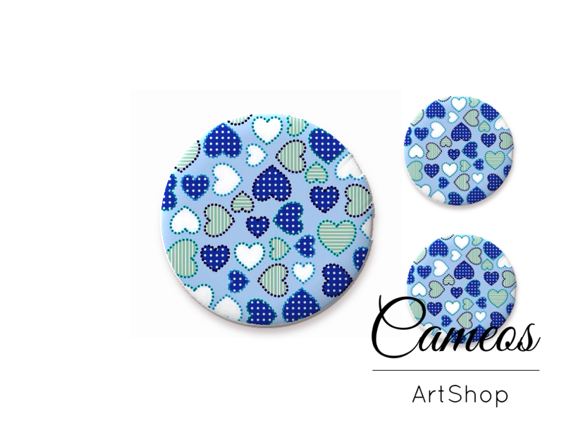Glass cabochon set 1x25mm and 2x12mm or 1x20mm and 2x10mm, Blue Hearts- S1428 - Cameos Art Shop