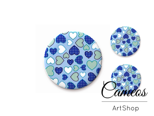 Glass cabochon set 1x25mm and 2x12mm or 1x20mm and 2x10mm, Blue Hearts- S1428 - Cameos Art Shop