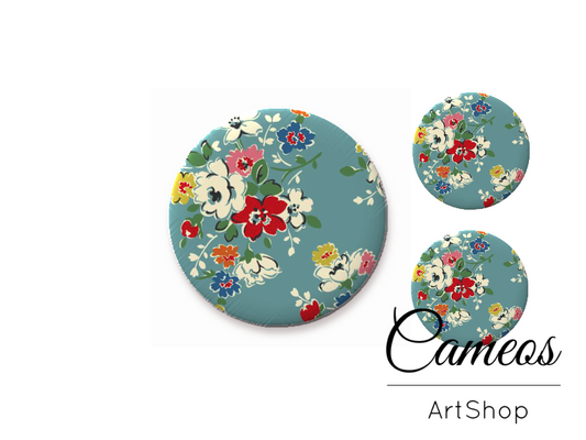 Glass cabochon set 1x25mm and 2x12mm or 1x20mm and 2x10mm, Green Flowers - S1434 - Cameos Art Shop