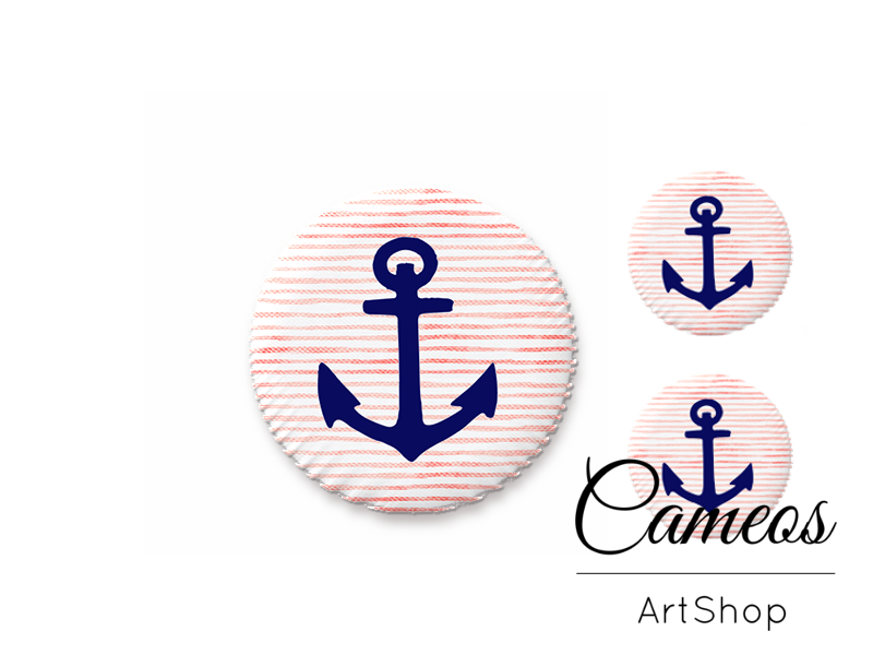 Glass cabochon set 1x25mm and 2x12mm or 1x20mm and 2x10mm, Blue Anchor - S1453 - Cameos Art Shop