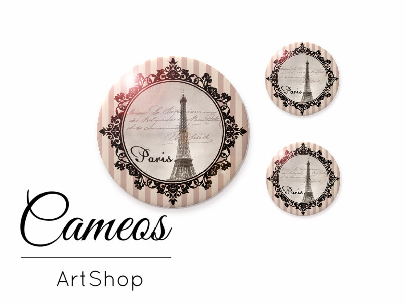 Glass cabochon set 1x25mm and 2x12mm or 1x20mm and 2x10mm, Eiffel tower- S146 - Cameos Art Shop