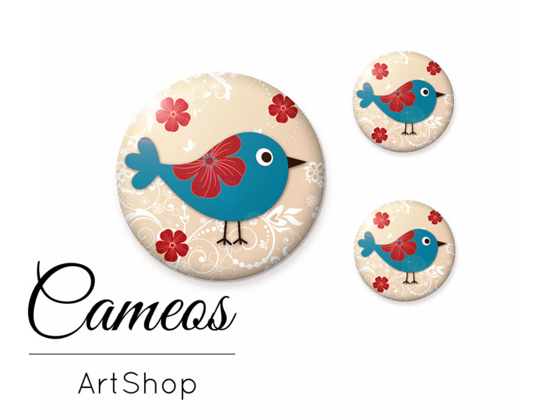 Glass cabochon set 1x25mm and 2x12mm or 1x20mm and 2x10mm, Birds- S147 - Cameos Art Shop