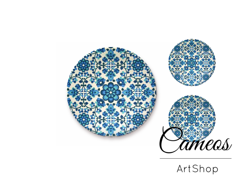 Glass cabochon set 1x25mm and 2x12mm or 1x20mm and 2x10mm, Blue Mosaic - S1479 - Cameos Art Shop