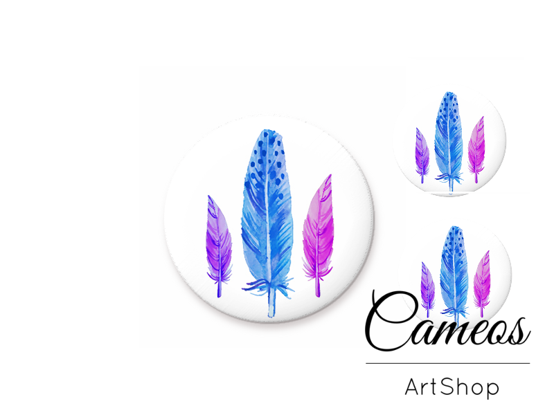 Glass cabochon set 1x25mm and 2x12mm or 1x20mm and 2x10mm, Feather - S1495 - Cameos Art Shop