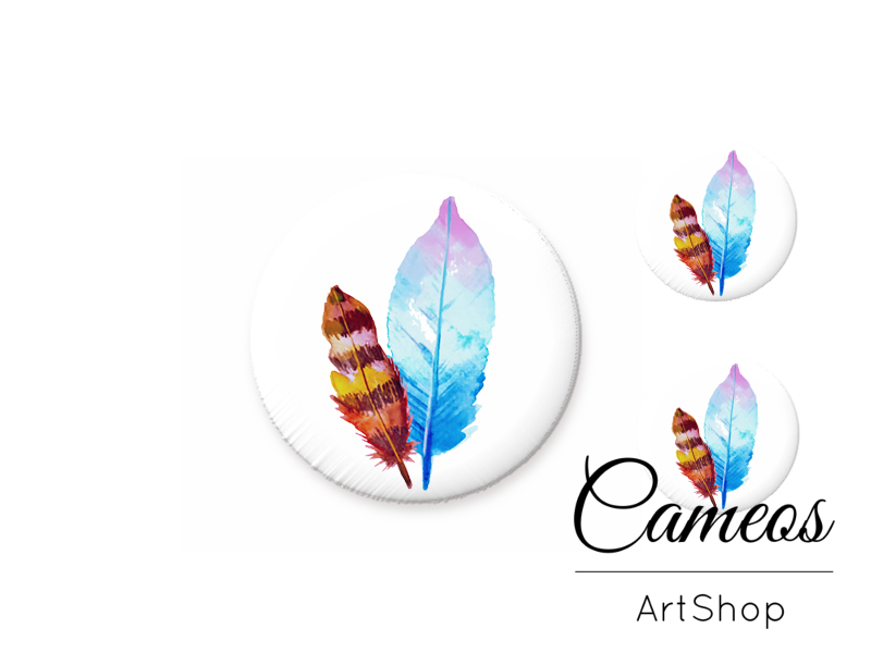 Glass cabochon set 1x25mm and 2x12mm or 1x20mm and 2x10mm, Feather - S1496 - Cameos Art Shop