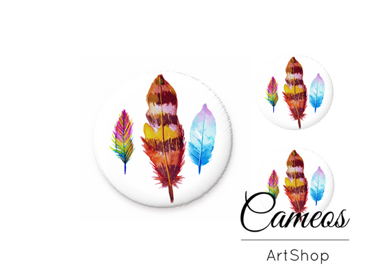Glass cabochon set 1x25mm and 2x12mm or 1x20mm and 2x10mm, Feather - S1498 - Cameos Art Shop