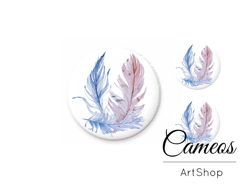 Glass cabochon set 1x25mm and 2x12mm or 1x20mm and 2x10mm, Feather - S1499 - Cameos Art Shop