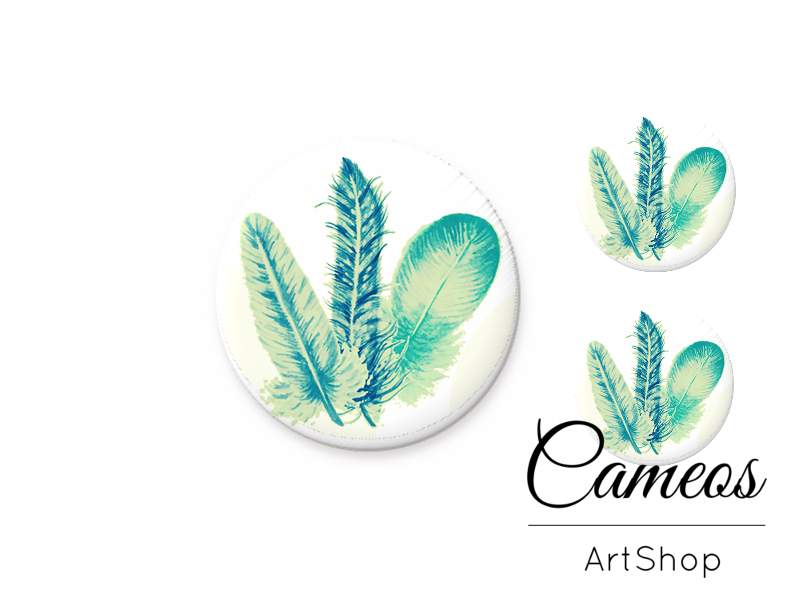 Glass cabochon set 1x25mm and 2x12mm or 1x20mm and 2x10mm, Feather - S1501 - Cameos Art Shop