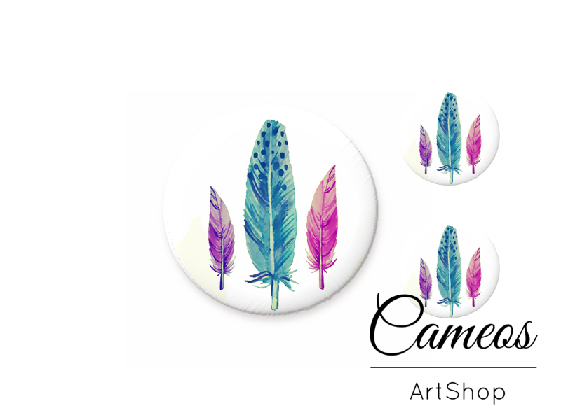 Glass cabochon set 1x25mm and 2x12mm or 1x20mm and 2x10mm, Feather - S1502 - Cameos Art Shop