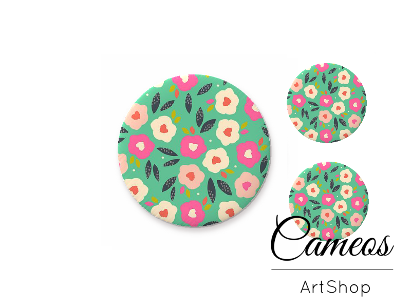 Glass cabochon set 1x25mm and 2x12mm or 1x20mm and 2x10mm, Green Flowers- S1524 - Cameos Art Shop