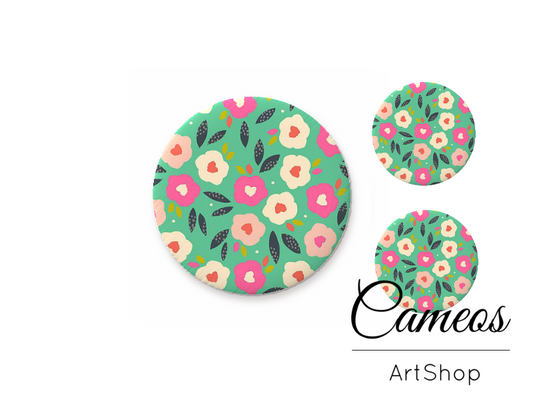 Glass cabochon set 1x25mm and 2x12mm or 1x20mm and 2x10mm, Green Flowers- S1524 - Cameos Art Shop