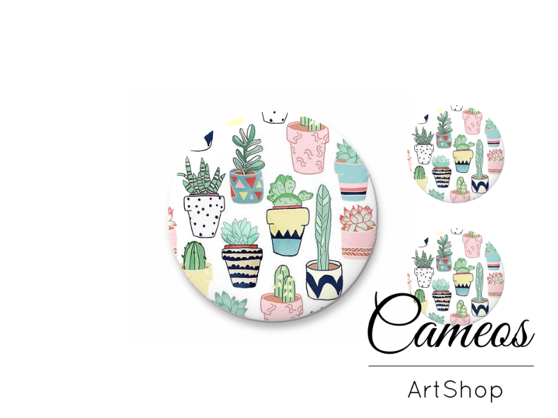 Glass cabochon set 1x25mm and 2x12mm or 1x20mm and 2x10mm, Cactus- S1542 - Cameos Art Shop
