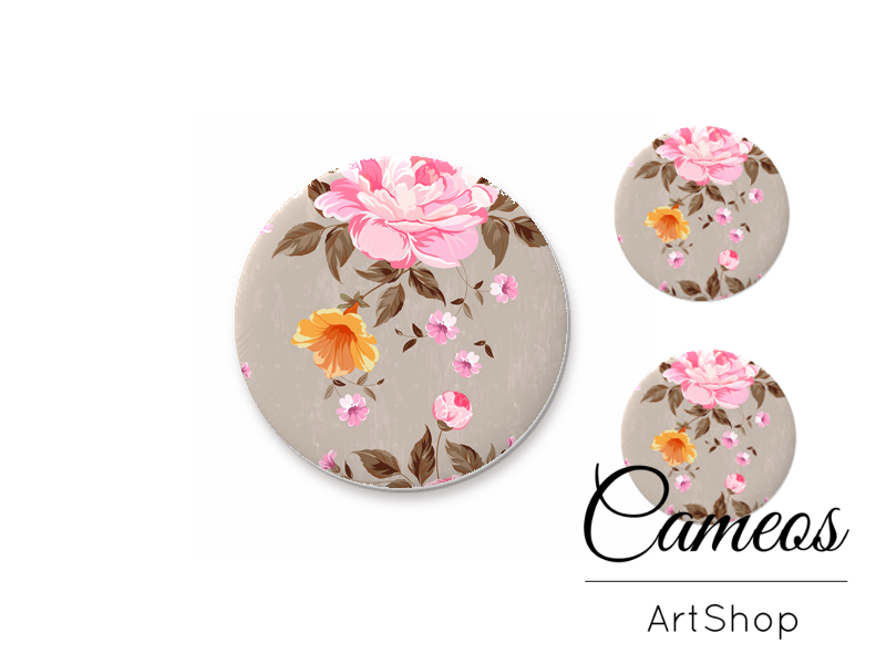 Glass cabochon set 1x25mm and 2x12mm or 1x20mm and 2x10mm, Purple Flowers- S1555 - Cameos Art Shop