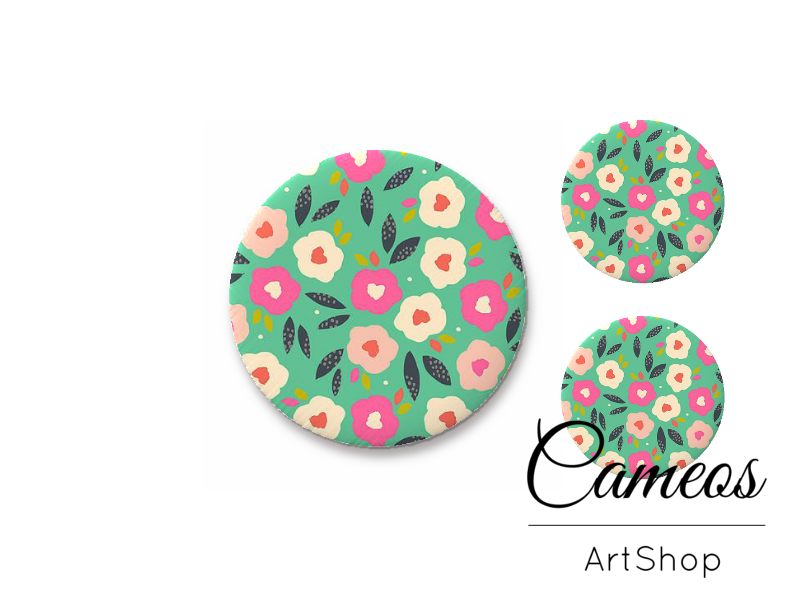 Glass cabochon set 1x25mm and 2x12mm or 1x20mm and 2x10mm, Green Floral- S1564 - Cameos Art Shop