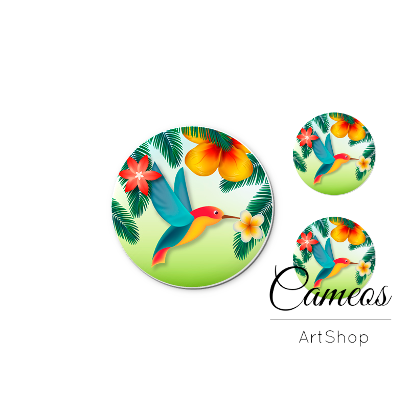 Glass cabochon set 1x25mm and 2x12mm or 1x20mm and 2x10mm, Birds - S1618