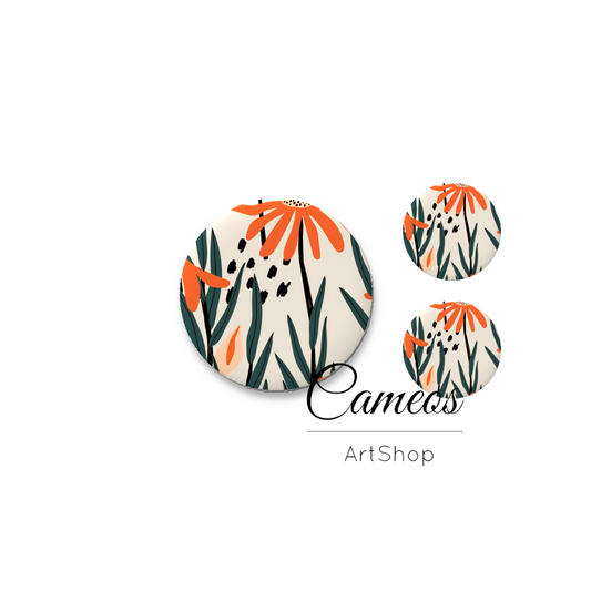 Glass cabochon set 1x25mm and 2x12mm or 1x20mm and 2x10mm, Orange Flowers- S1636