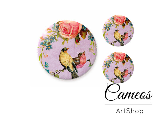 Glass cabochon set 1x25mm and 2x12mm or 1x20mm and 2x10mm, Birds Motive- S195 - Cameos Art Shop
