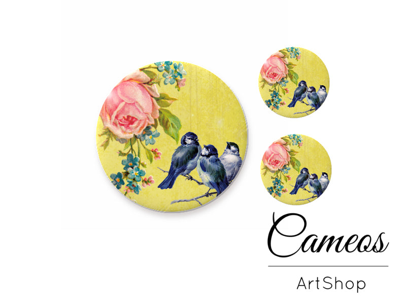 Glass cabochon set 1x25mm and 2x12mm or 1x20mm and 2x10mm, Birds Motive- S199 - Cameos Art Shop