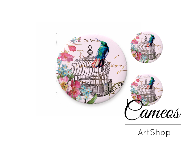 Glass dome cabochon set 1x25mm and 2x12mm or 1x20mm and 2x10mm, Bird Cage Pattern- S275 - Cameos Art Shop