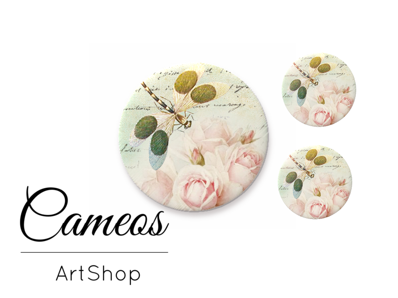 Glass dome cabochon set 1x25mm and 2x12mm or 1x20mm and 2x10mm, Dragonfly Motive- S298