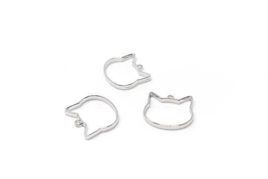 3 pcs 26mm Platinum Cat Charms, Open Back Bezels, Large Platinum Pendants
