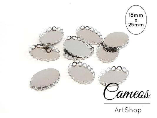 Oval Pendant Trays Silver for 18x25mm Cabochons 10 pieces - Cameos Art Shop