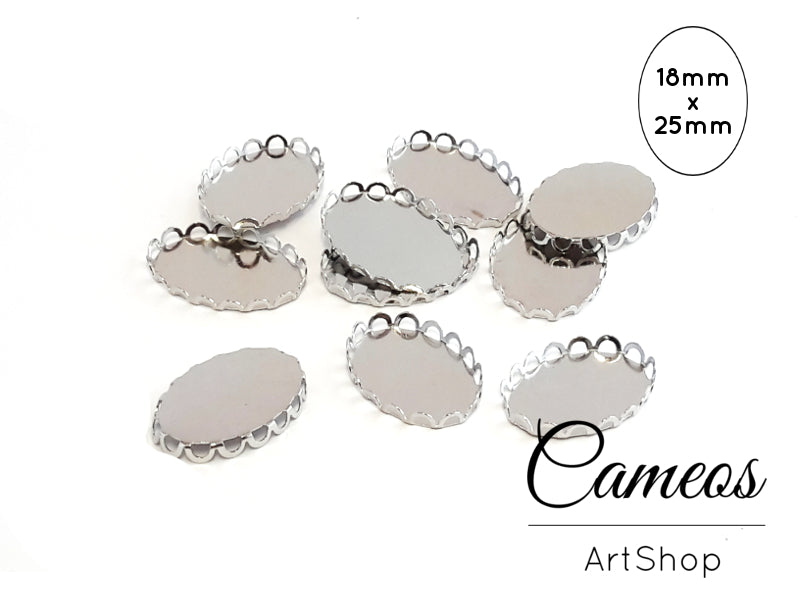 Oval Pendant Trays Silver for 18x25mm Cabochons 20 pieces - Cameos Art Shop