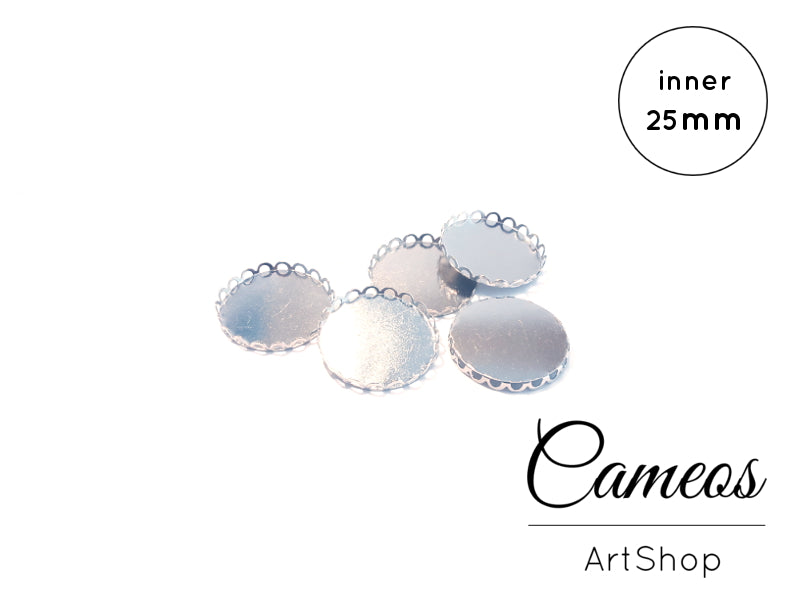 Round Pendant Trays Silver for 25mm Cabochons 5 pieces - Cameos Art Shop