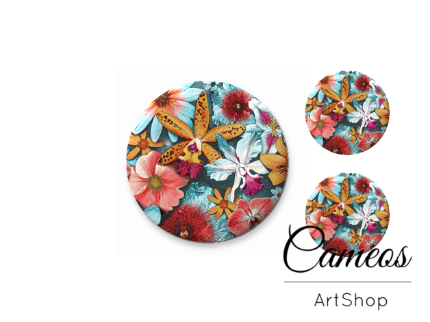 Glass cabochon set 1x25mm and 2x12mm or 1x20mm and 2x10mm, Tropical Flowers - S1440 - Cameos Art Shop