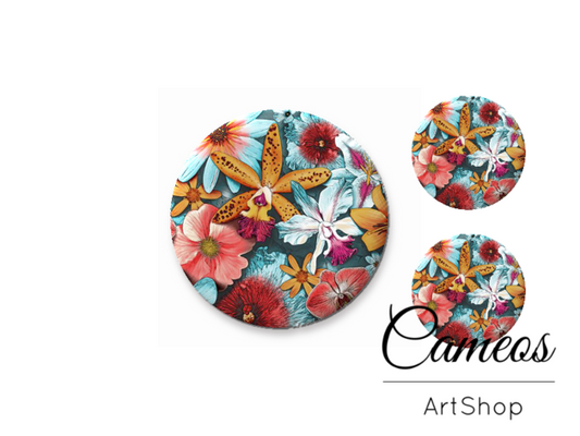 Glass cabochon set 1x25mm and 2x12mm or 1x20mm and 2x10mm, Tropical Flowers - S1440 - Cameos Art Shop