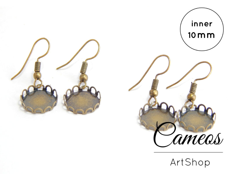 Earring Hook tray Antique Bronze,  Hoop Lever Back, earring hoop, settings, for 10mm Cabochons 10 pieces
