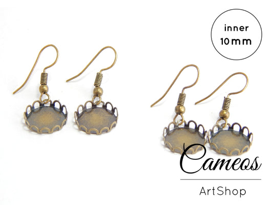 Earring Hook tray Antique Bronze,  Hoop Lever Back, earring hoop, settings, for 10mm Cabochons 10 pieces