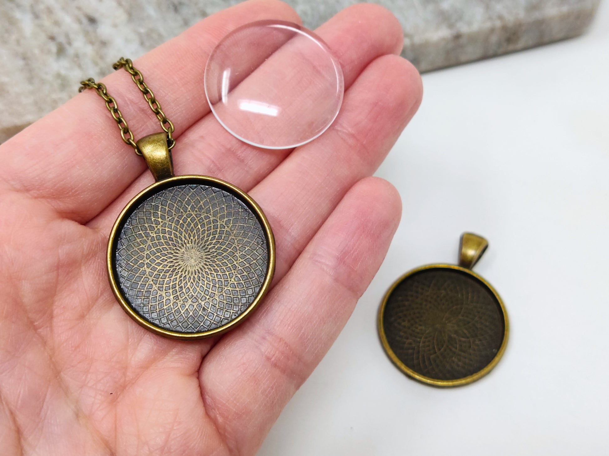 Bezel settings and you can match them with glass cabochons, gemstone cabochons, our handmade image cabochons, resin and more to create beautiful picture pendant necklace or custom jewelry.