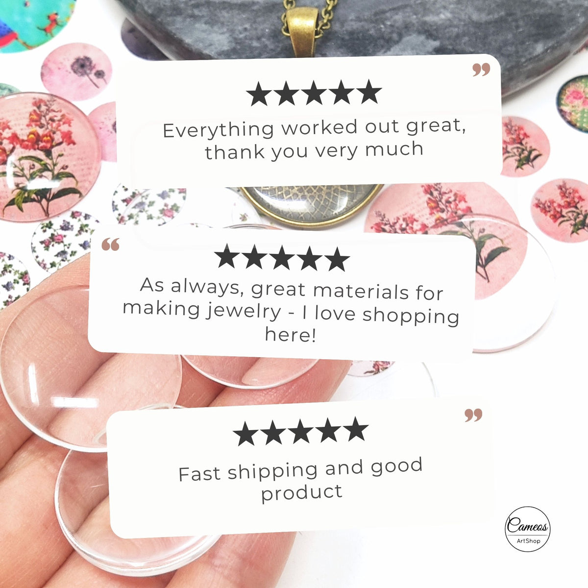 Five-star customer reviews for Cameos Art Shop handmade cabochons and jewelry making supplies