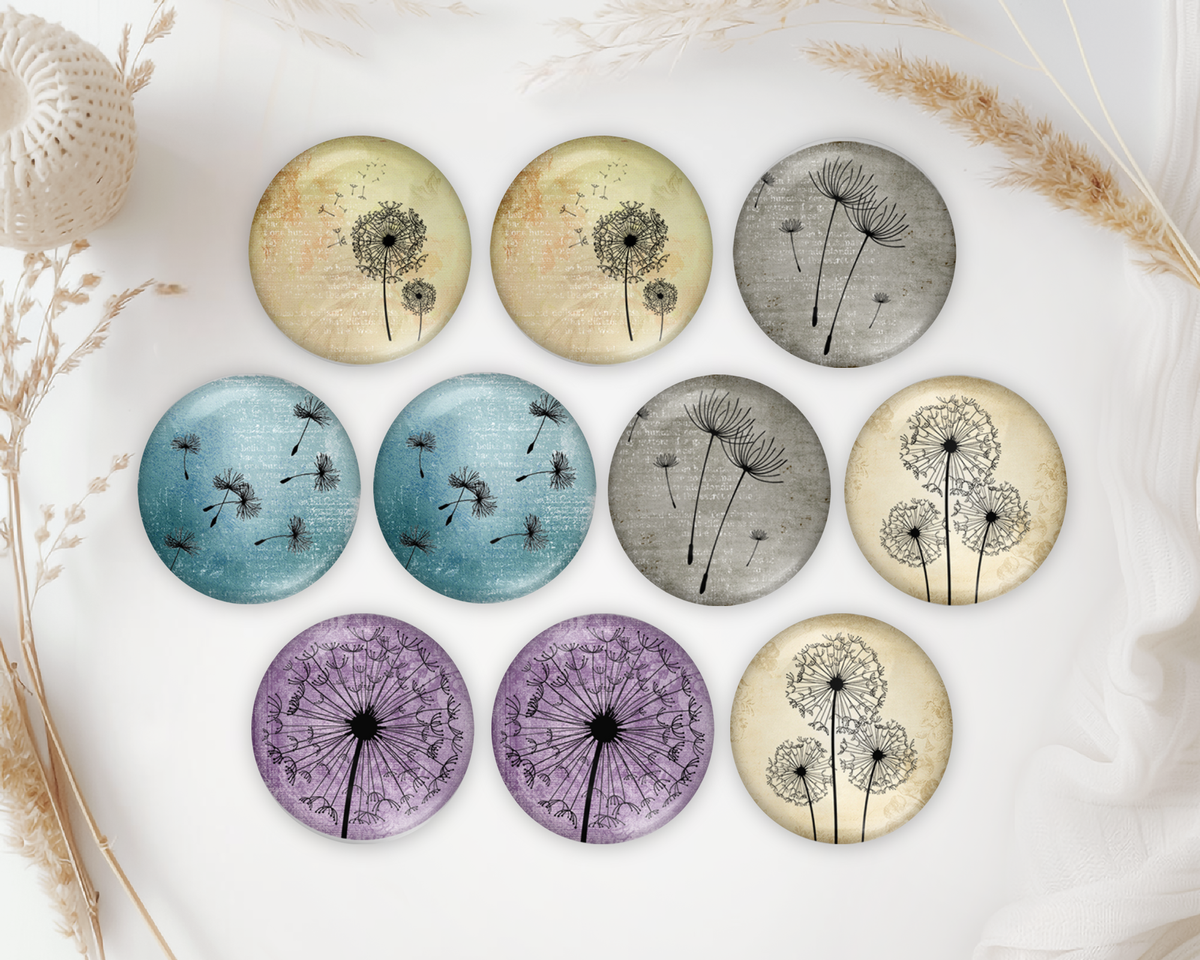 Round glass cabochons with colorful vintage dandelion designs for jewelry making