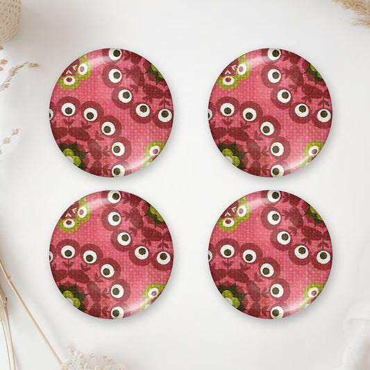 Four round photo glass domes with a pink retro flower pattern