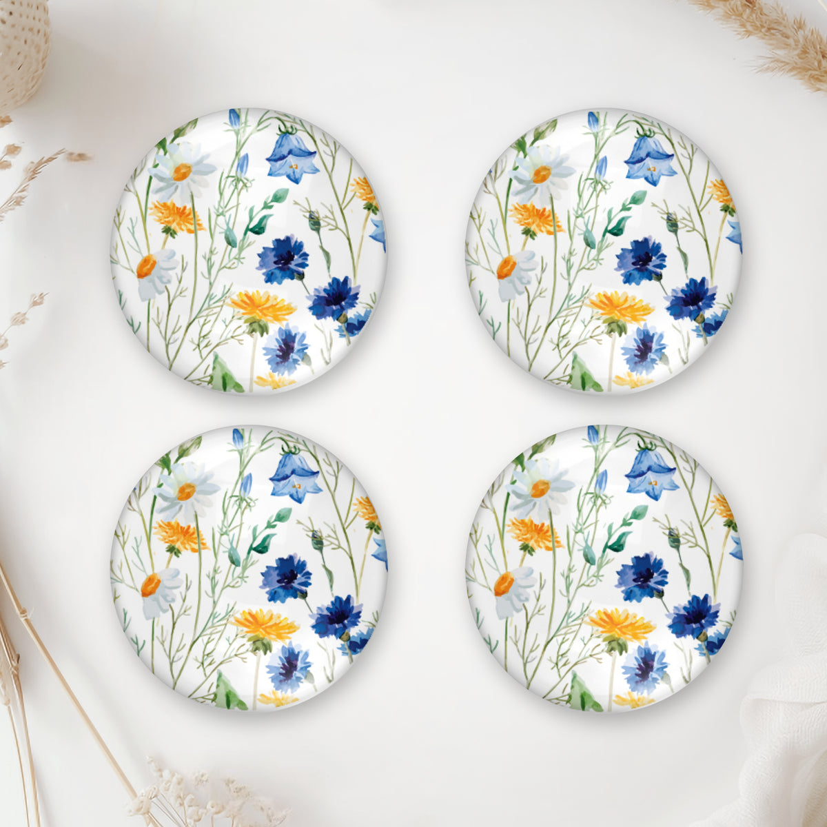 Watercolor Wildflower Cabochons – 4pcs Flat Back Glass Pieces
