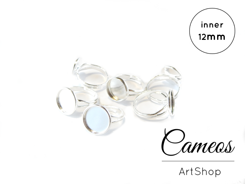 Round Ring base tray Silver for 12mm Cabochons 5 pieces - Cameos Art Shop