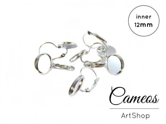 Earring Hook tray Silver for 12mm Cabochons 20 pieces - Cameos Art Shop