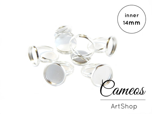 Round Ring base tray Silver for 14mm Cabochons 10 pieces - Cameos Art Shop