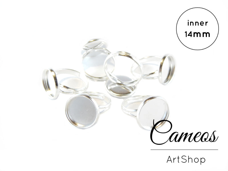 Round Ring base tray Silver for 14mm Cabochons 5 pieces - Cameos Art Shop