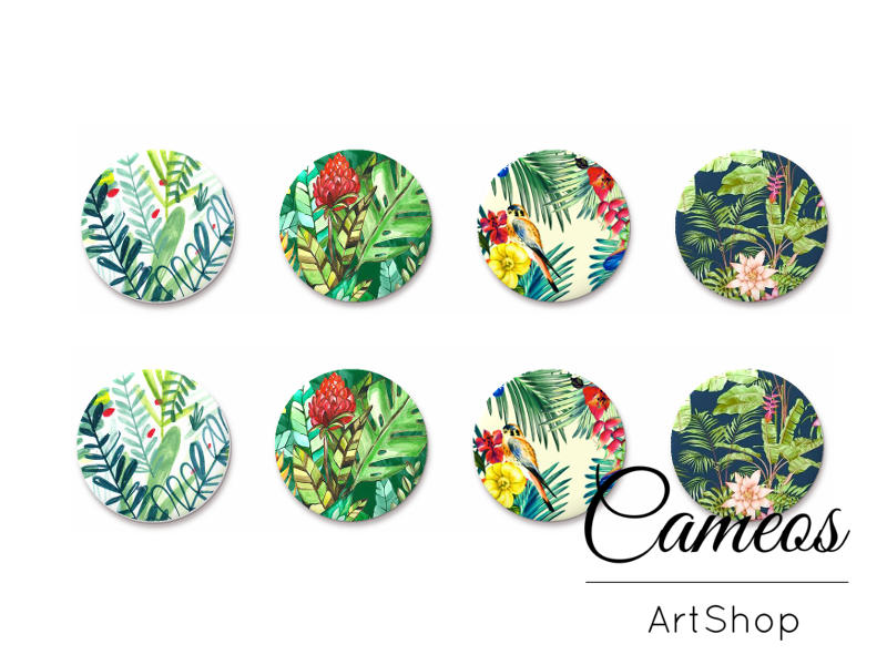 8 pieces round glass cabochons 8mm up to 18mm, Tropical Flower Motive- C1119 - Cameos Art Shop